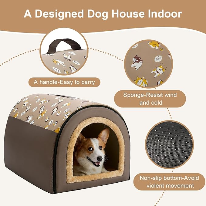Jiupety Indoor Dog House, 2-in-1 Portable Foldable House Bed with Cover, Pet Tent & Cave Bed for Medium Dogs, XL(29"×21"×20"), Up to 44 Lb, Brown