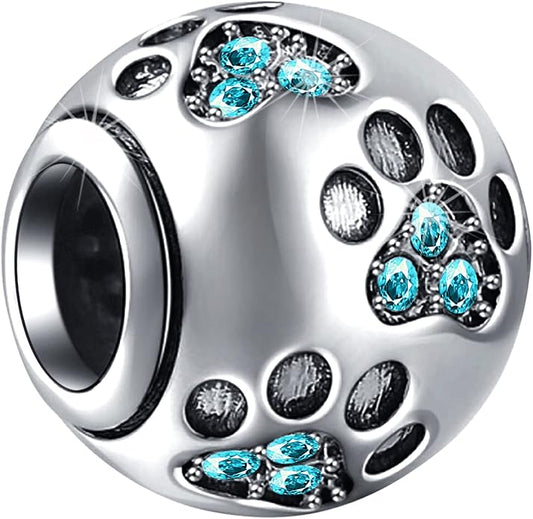EMOSTAR Dog Paw Print Charms with Various Birthstone Crystals, 925 Sterling Silver Pawprint Beads for 3mm Snake Chain, Pet Lover Gifts for European Women Bracelet