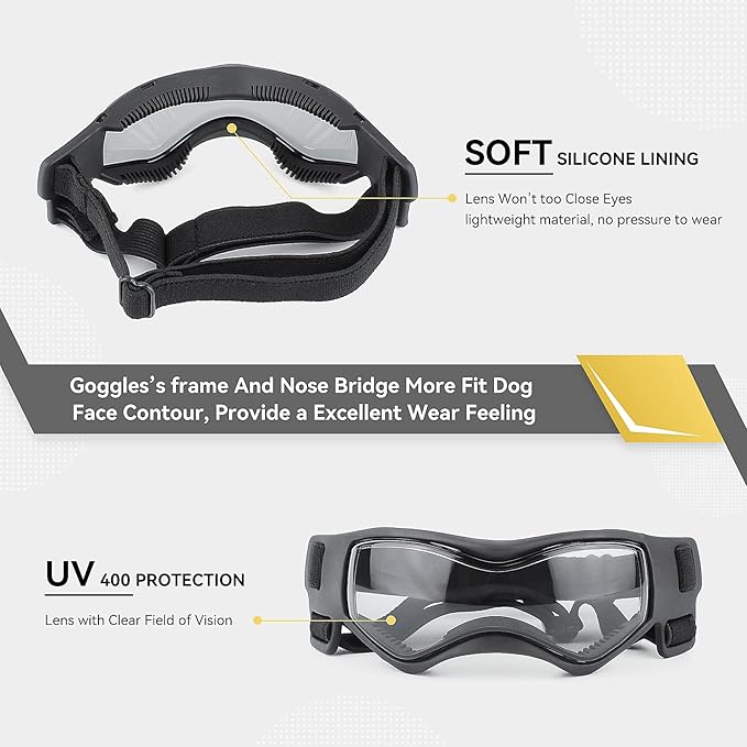 Dog Goggles Dog Sunglasses for Small Breed UV Protection Windproof with Adjustable Head Straps Chin Straps for Ride Car/Hiking Travel/On Beach-Black