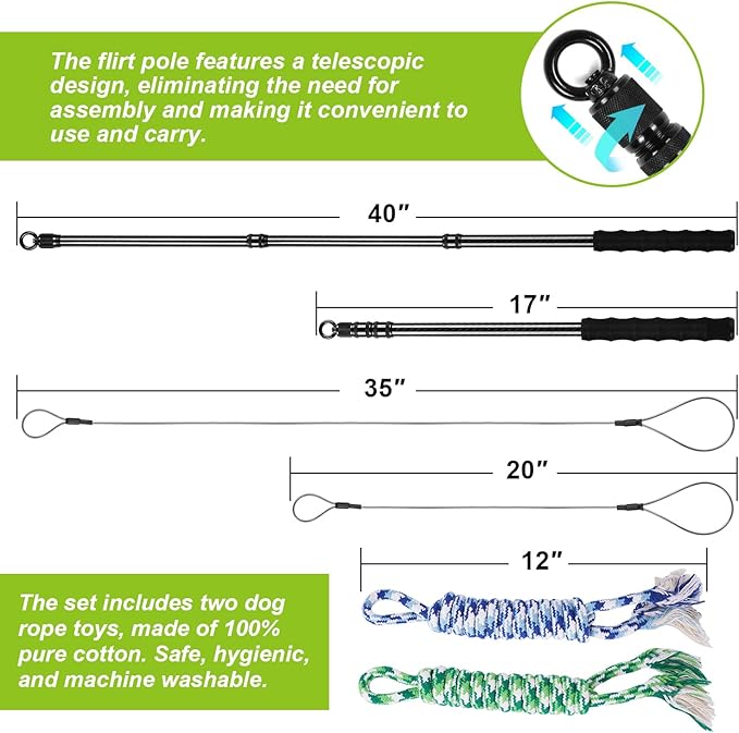 Carbon Fiber Flirt Pole for Dogs, 0.23 Pounds Lightweight Dog Flirt Pole for Large Medium Small Dogs, Telescopic Flirt Stick with 2 Toys & 2 Ropes (40 Inches Pole)