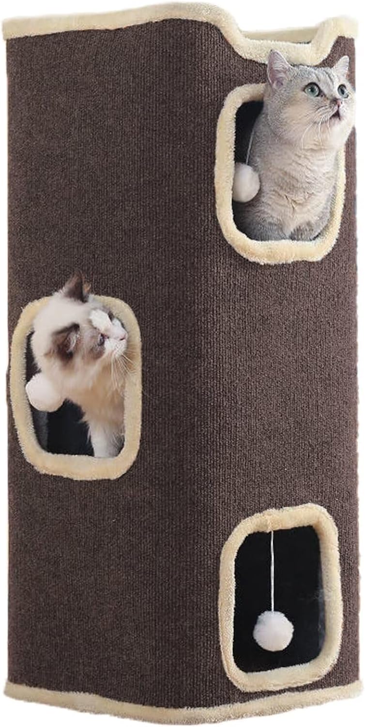 Empet Cat House for Indoor Cats Beds, Multi-Level Cat Condo, Foldable Cave Bed Brown, (3-Level)