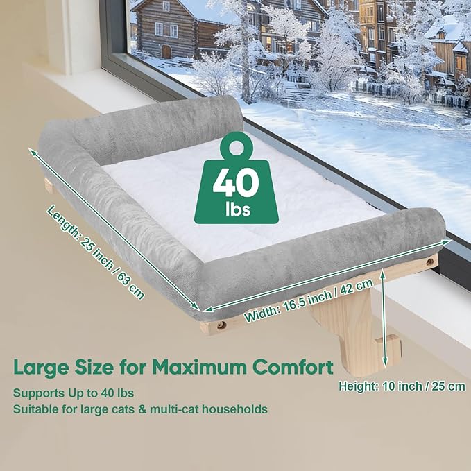 Cat Window Perch with Bolster, Large Hammock Bed for Indoor Cats, Solid Wood & Metal Frame Mounted Perch, Cozy Sunbathing Lounge Bed, 25” Wide (Grey Bed)
