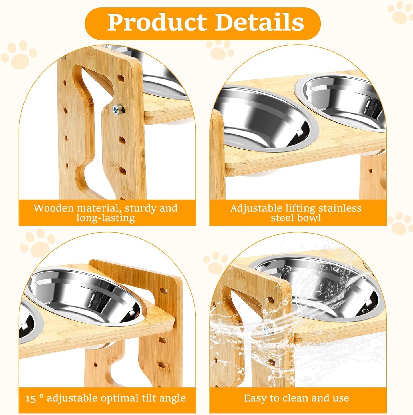 Elevated Dog Bowls, 15° Inclined Raised Pet Feeder, 2" to 7.7" 5 Adjustable Height w 2 Stainless Steel 6.2" Water Food Bowl, Cat Food & Water Dish w Wooden Stand for Medium Size, Small & Large Breed