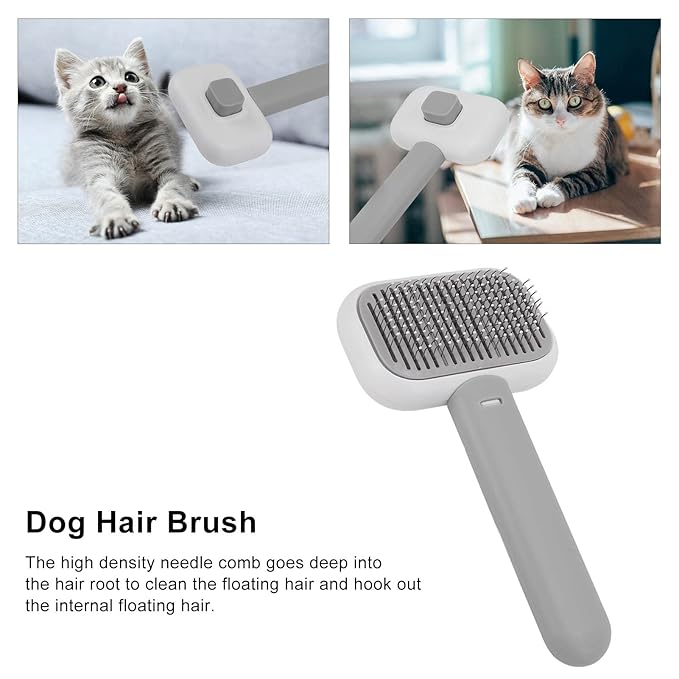 Dog Hair Brush, Self Cleaning Slicker Brush for Pets Cats Dogs Gentle Round Head Soft Needle Removes Floating Hair Comfortable Grip ABS Material 9 x 18cm (Grey White)