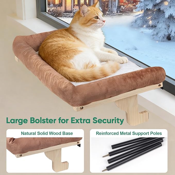 Cat Window Perch with Bolster, Large Hammock Bed for Indoor Cats, Solid Wood & Metal Frame Mounted Perch, Cozy Sunbathing Lounge Bed, 25” Wide (Brown Bed)