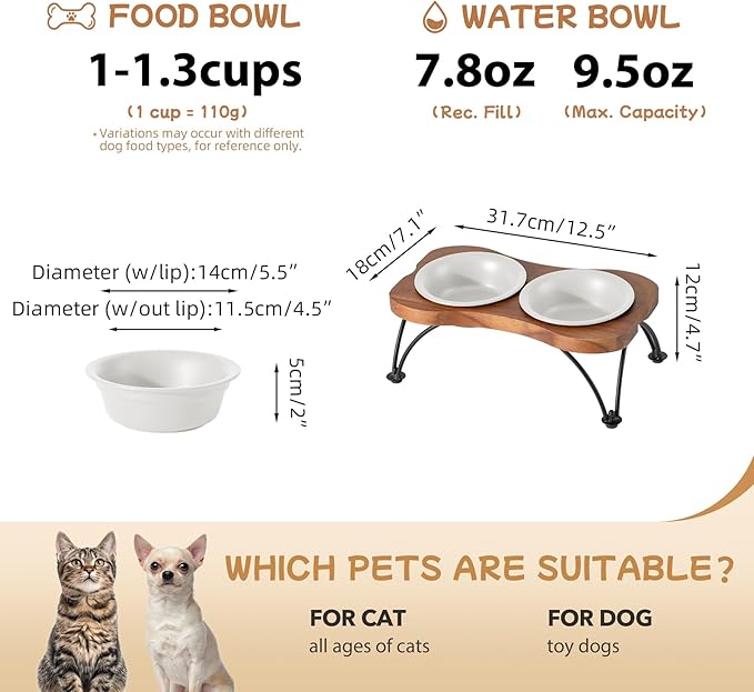 Ceramic 5.5-inch Raised Double-Bowl Set with Non-Slip Stand, 1 Cup Food or 9.5oz Water Dishes for Puppies and Cats, Wide Opening with Rounded Edges(Matt White)