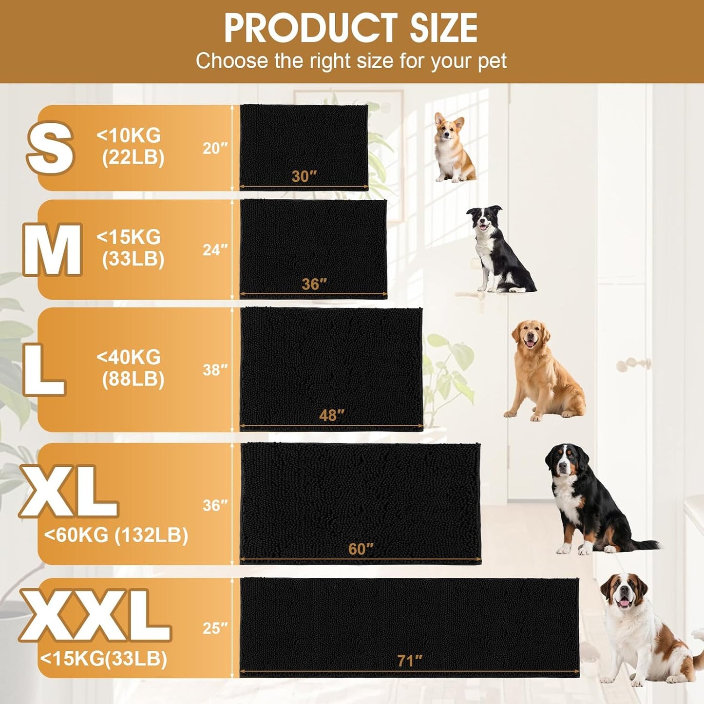 Extra Large Dog Door Mats for Muddy Paws, Chenille Absorbent Dog Mats, Non Slip Heavy Mud Mat for Dogs, Soft Pet Mat for Entryway, Mud Paws, Inside Floor,60" x 36", Black