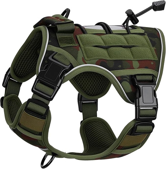 Heavy-Duty Tactical Dog Harness for Large Dogs, No Pull Adjustable Reflective Pet Vest with Molle System, K9 Military-Grade Control for Service Training, Outdoor & 10+ Breeds, Green Camo, Small