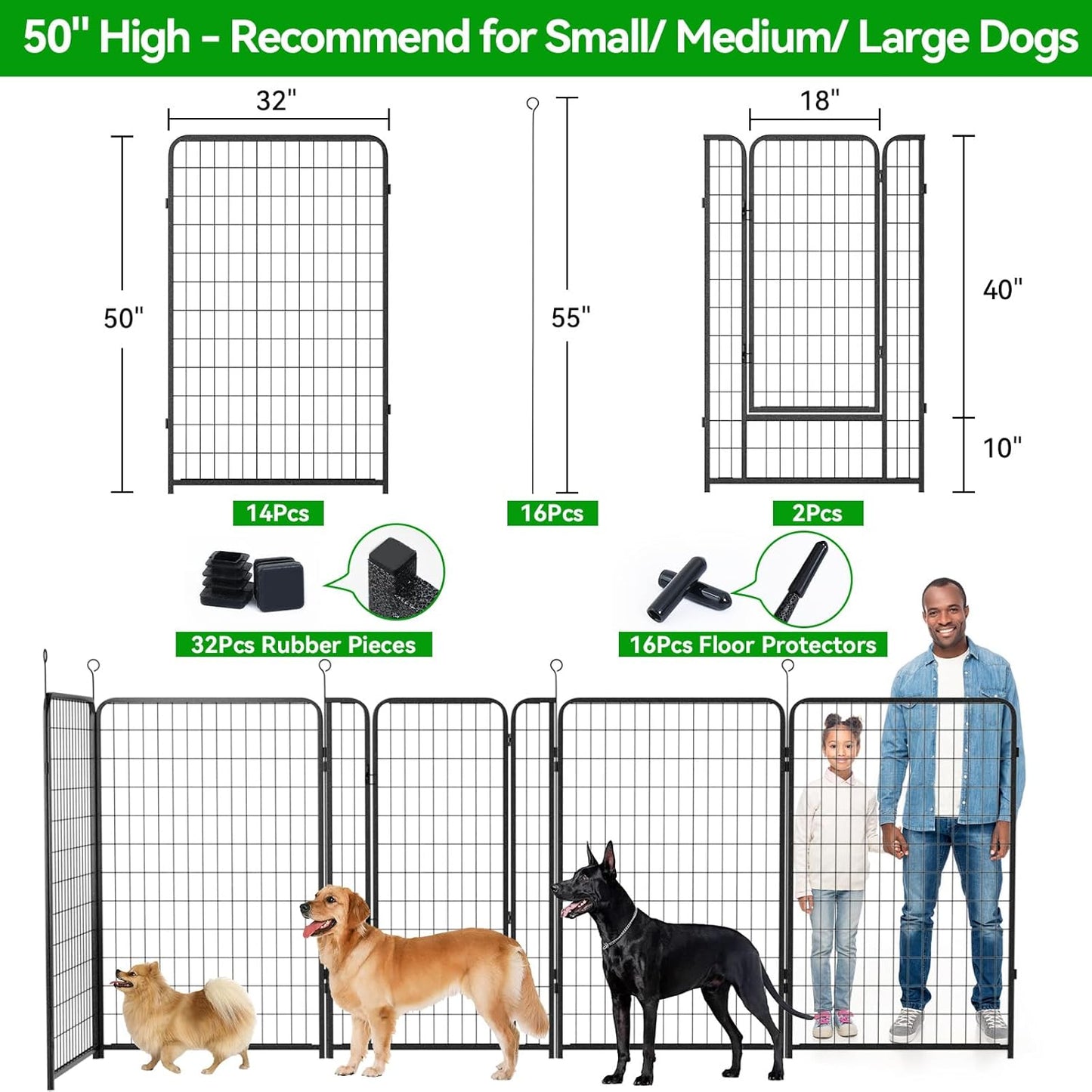 Dog Playpen Outdoor Extra Wide 16 Panels Heavy Duty Dog Fence 50" Height Anti-Rust with Doors Portable for RV Camping Yard, Total 42FT, 140 Sq.ft, Snowy Black