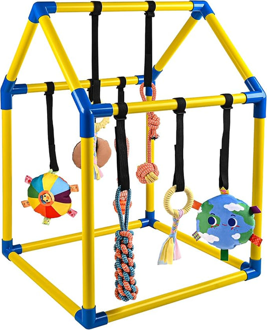 Almaro Puppy Play Gym with 8 Hanging Toys – Interactive Indoor Dog Enrichment Toy for Puppies & Small Dogs, Adjustable Bungee Toys, Tool-Free Assembly