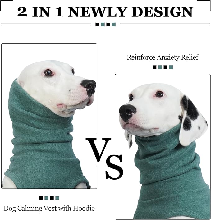 ROZKITCH Dog Anxiety Vest Calming Jacket with Hoodie Soft Ears Cover, Warm Clothes with Ear Wrap for Fireworks Travel Vet Visit Separation Anxiety Relief, Calming Shirt Wrap Green 2XL