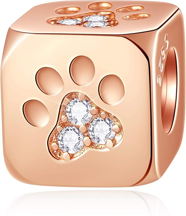GEMDAZZ Sparkling Puppy Paw Print Charms in 925 Sterling Silver, Pave Dog Pawprint CZ Round Beads and Always in My Heart Charms, Gift for Animal Lover, fit European Women Bracelet/Necklace