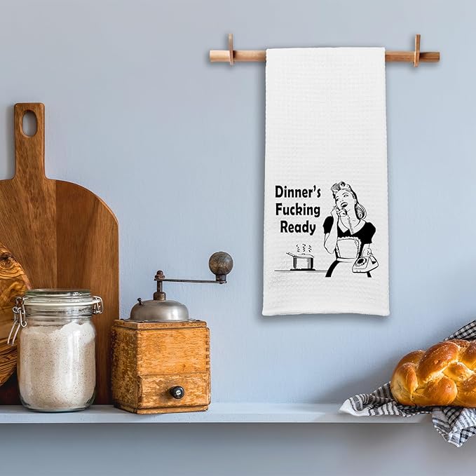 Funny Dish Towels with Sayings Dinner's Fxxking Ready Kitchen Towels Adult Humor Dishcloth for Kitchen Decor Novelty Birthday Gifts Sweet Housewarming Gifts for Women Hostess Sister Friend