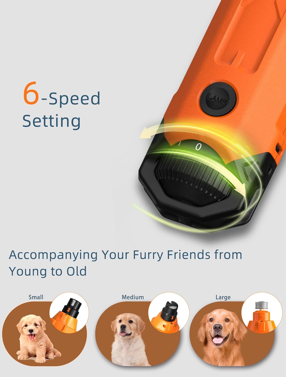 Dog Nail Grinder Super Quiet 45 db 6-Speed Pet Nail Grinder with 2 LED Lights 12000RPM & 3 Grinding Ports Dog Nail Trimmer for Large Medium Small Dogs with Dust Cap & 2 Extra Grinding Head