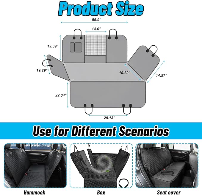 Dog Car Seat Cover for Back Seat with Mesh Window, 600D Heavy Duty Pet Seats Cover with Side Flap,100% Waterproof Dog Hammock, Anti-Scratch Nonslip Pet Seats Protector for Cars Trucks SUV