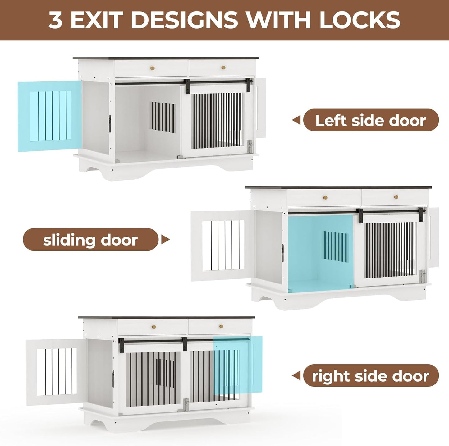 Dog Furniture Crate, 47" Large Dog Crate Furniture w/ 2 Storage Draws & Removable Divider for Large/Medium/Small Dogs (White, One Cage)