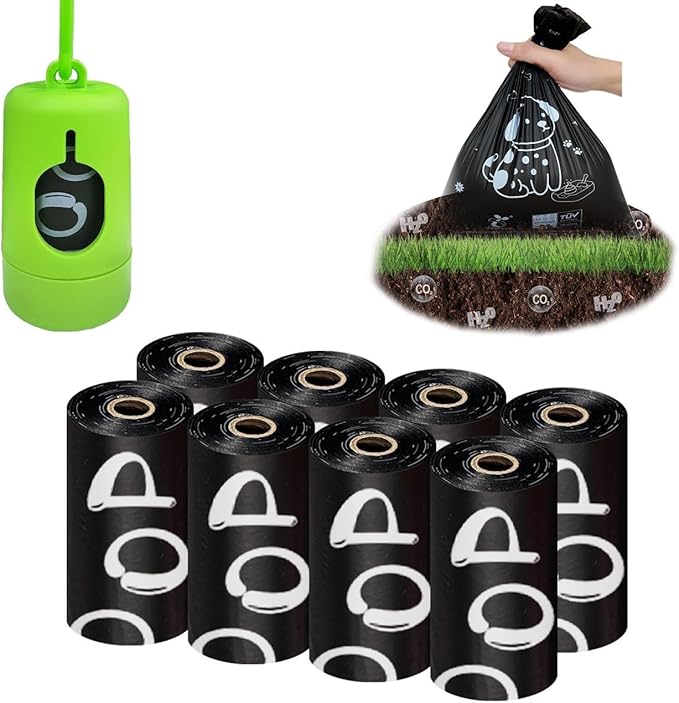 100% plant-based Dog Poop Bags Rolls, ASTM D6400 & EN 13432 Compliant, 120 waste bag including dispenser, 13 in × 9 in black poop bags for dogs, Super thick 100% leak proof
