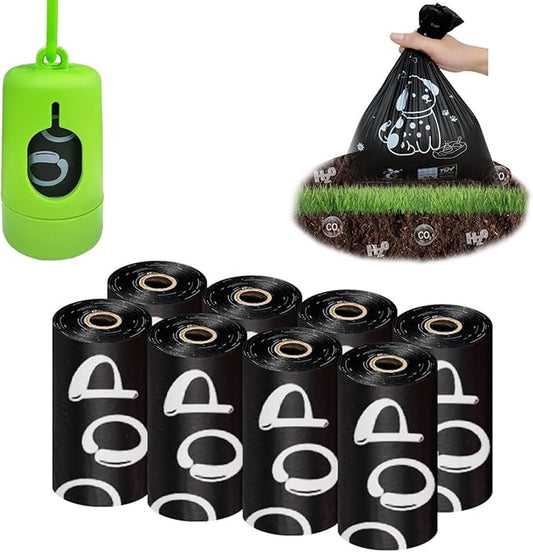 100% plant-based Dog Poop Bags Rolls, ASTM D6400 & EN 13432 Compliant, 120 waste bag including dispenser, 13 in × 9 in black poop bags for dogs, Super thick 100% leak proof