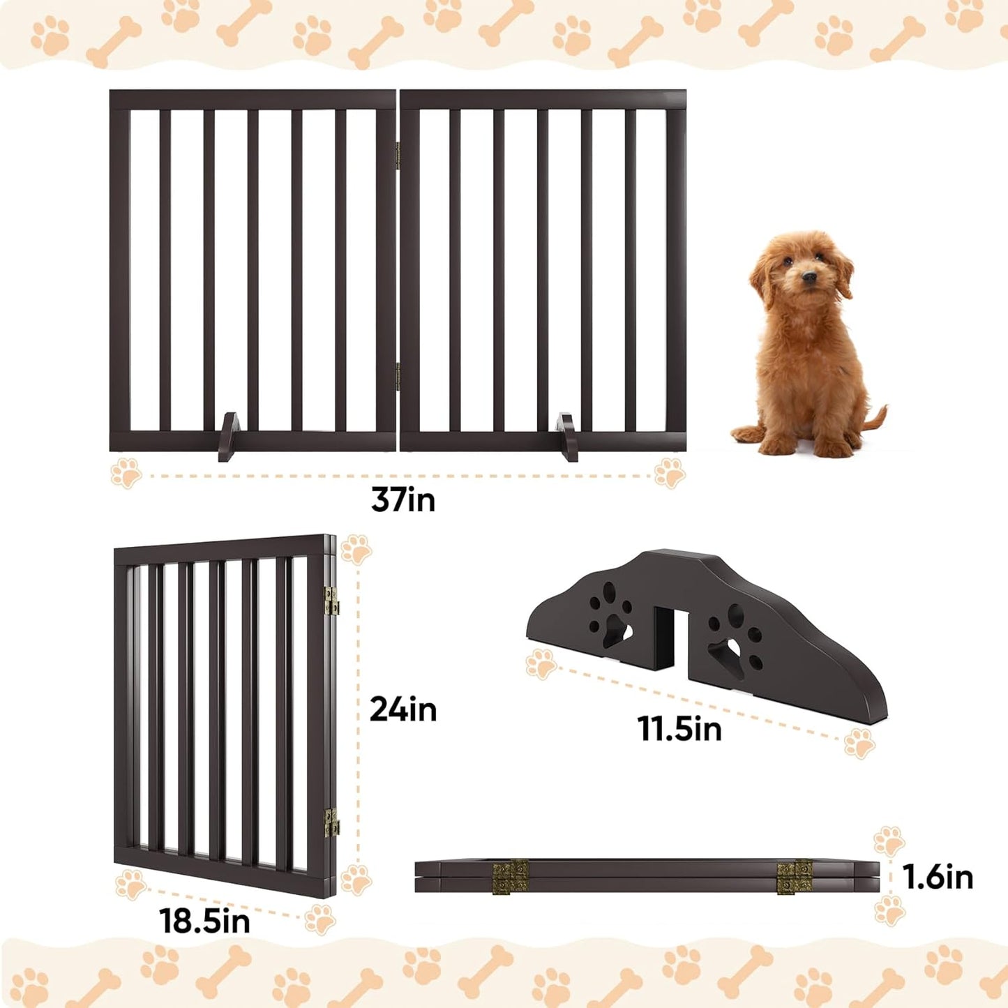 Freestanding Foldable Dog Gate 2 Panel,Fully Assembled Dog Gates for Doorways, Wooden Pet Gates for The House, 24-inch Tall Pet Gate Indoor