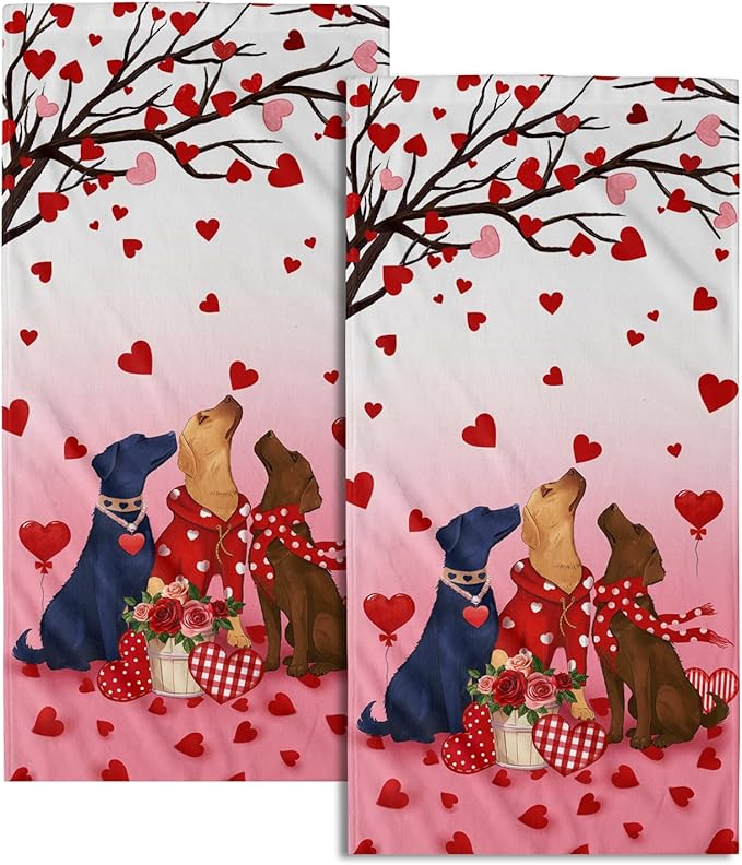 Giwawa Valentine Dog Hand Towels Set of 2 Romantic Love Soft Microfiber Absorbent Fingertip Face Towels for Bathroom Home Kitchen Hotel Spa