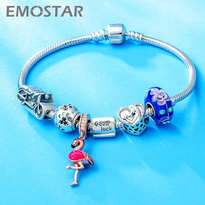 EMOSTAR Dog Paw Print Charms with Various Birthstone Crystals, 925 Sterling Silver Pawprint Beads for 3mm Snake Chain, Pet Lover Gifts for European Women Bracelet