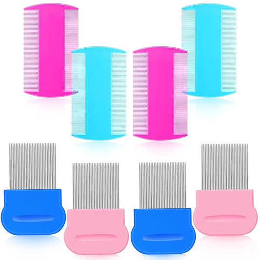 Maitys 8 Pieces Flea Lice Combs Double Sided Lice Cats Dogs and Nit Removal Hair Grooming Plastic and Metal Comb, Head Hair Comb for Pets and Humans(3.5 x 2 Inchrs, 3.54 x 1.57 Inches,Pink, Blue)