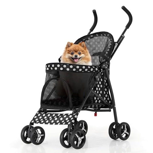 MoNiBloom 4 Wheels Pet Stroller, Easy-Fold Umbrella Shaped Dog Cat Jogger Stroller w/Storage Bag & Visible Mesh for Small/Medium Dogs Cats Black Polka Dots