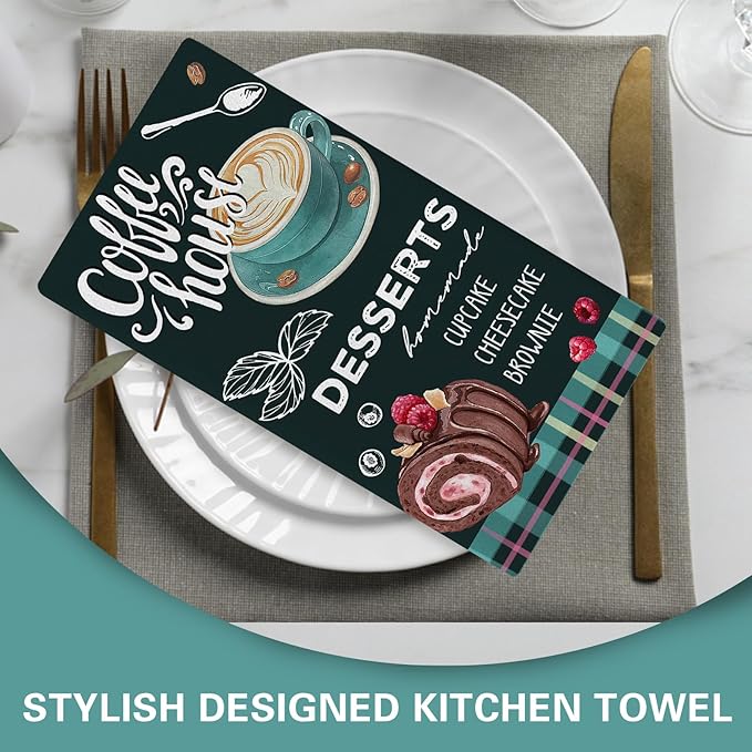Eat Dessert First Kitchen Dish Towels Set of 2, Coffee House Drying Hand Towels Cupcake Cheesecake Brownie Baking Cooking Cloth, Plaid Farmhouse Home Kitchen Decoration 18 x 26 Inch