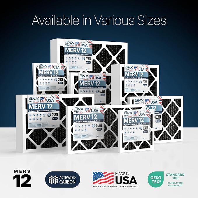 BNX TruFilter 20x25x4 (19.5’’ x 24.5’’ x 3.63‘’ Slim Fit) MERV 12 Activated Carbon Air Filter (2-Pack) - MADE IN USA - Air Conditioner Furnace Filters for Odor, Mold, Bacteria, Smoke