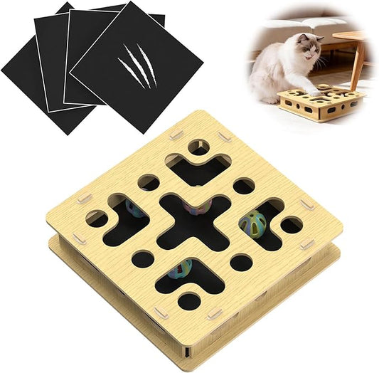 Cat Nail File Box with 5 Sandpaper Pads & 4 Bell Balls, Sturdy Wood Self-Grooming Scratcher for Treat-Motivated Cats, Interactive Cat Scratch Puzzle Enrichment Box with Silicone Security Rings