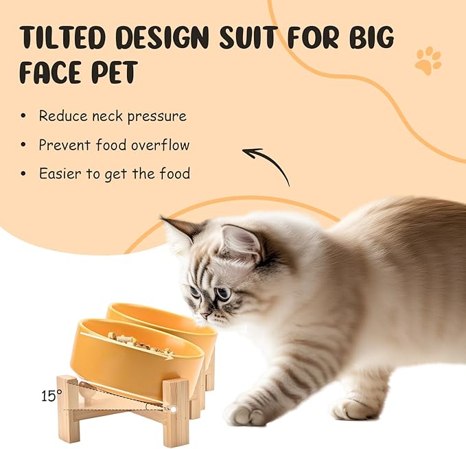 SPUNKYJUNKY 15° Slanted Ceramic Dog and Cat Bowl with Wooden Stand, Tilted Bulldog Food and Water Bowl No Slip Non-Spill for Cats Medium Dogs Big Face Pets 13.5 OZ (1.7 Cups, Yellow × 2)