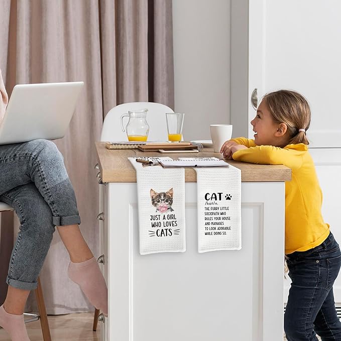 Funny Cat Kitchen Towels and Dishcloths Set of 2, Just a Girl Who Loves Cats Dish Towels, Cat Gifts for Cat Lovers, Cat Kitchen Decor, Cat Hand Tea Towels for Bathroom Kitchen, 16x24 Inches