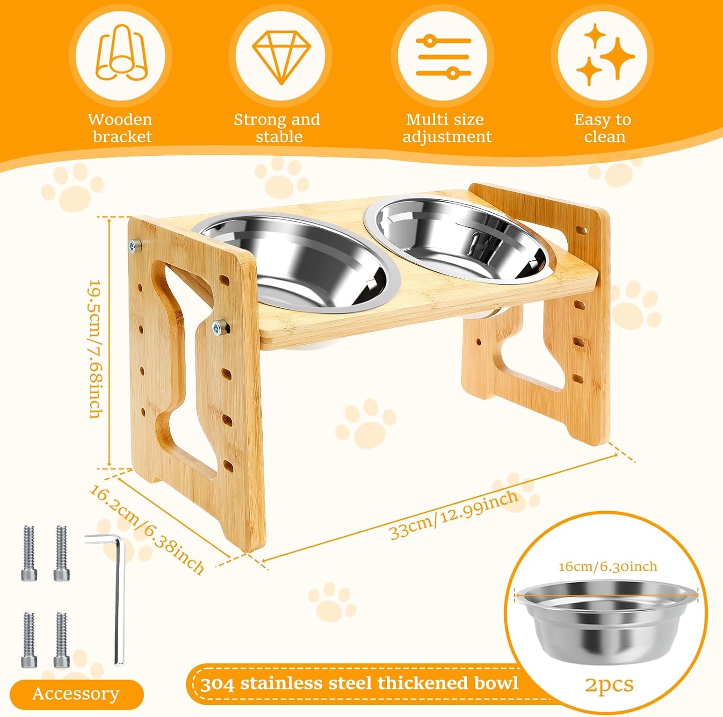 Elevated Dog Bowls, 15° Inclined Raised Pet Feeder, 2" to 7.7" 5 Adjustable Height w 2 Stainless Steel 6.2" Water Food Bowl, Cat Food & Water Dish w Wooden Stand for Medium Size, Small & Large Breed