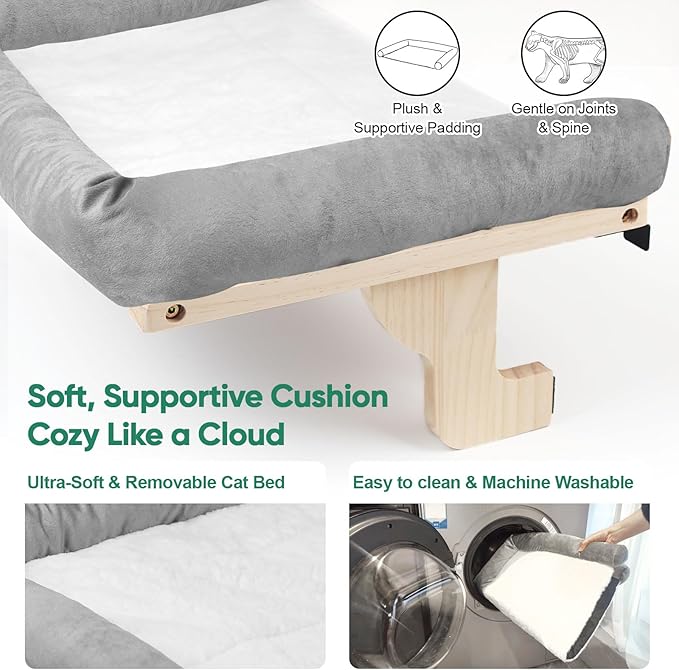 Cat Window Perch with Bolster, Large Hammock Bed for Indoor Cats, Solid Wood & Metal Frame Mounted Perch, Cozy Sunbathing Lounge Bed, 25” Wide (Grey Bed)