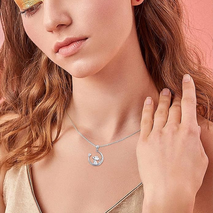 JUSTKIDSTOY Mouse Necklace 925 Sterling Silver Rat on the Moon Pendant Necklace Cute Animal Jewelry Gifts for Women