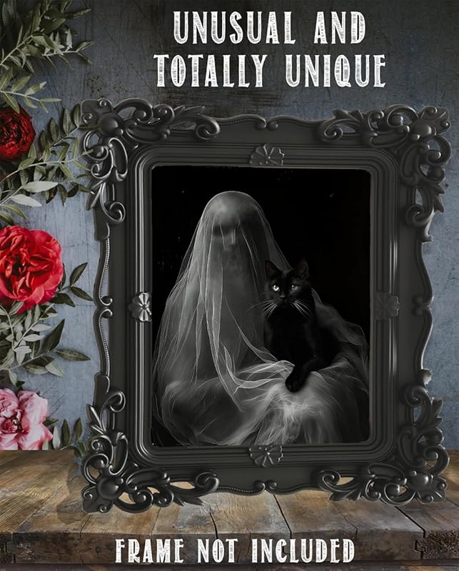 Ghost with a Black Cat Halloween Poster - Dark Academia Gothic Home Decor, Eerie Mystery Figure Art Print for Halloween Enthusiasts and Unique Wall Art Collectors (Unframed Print Poster, 11x14)