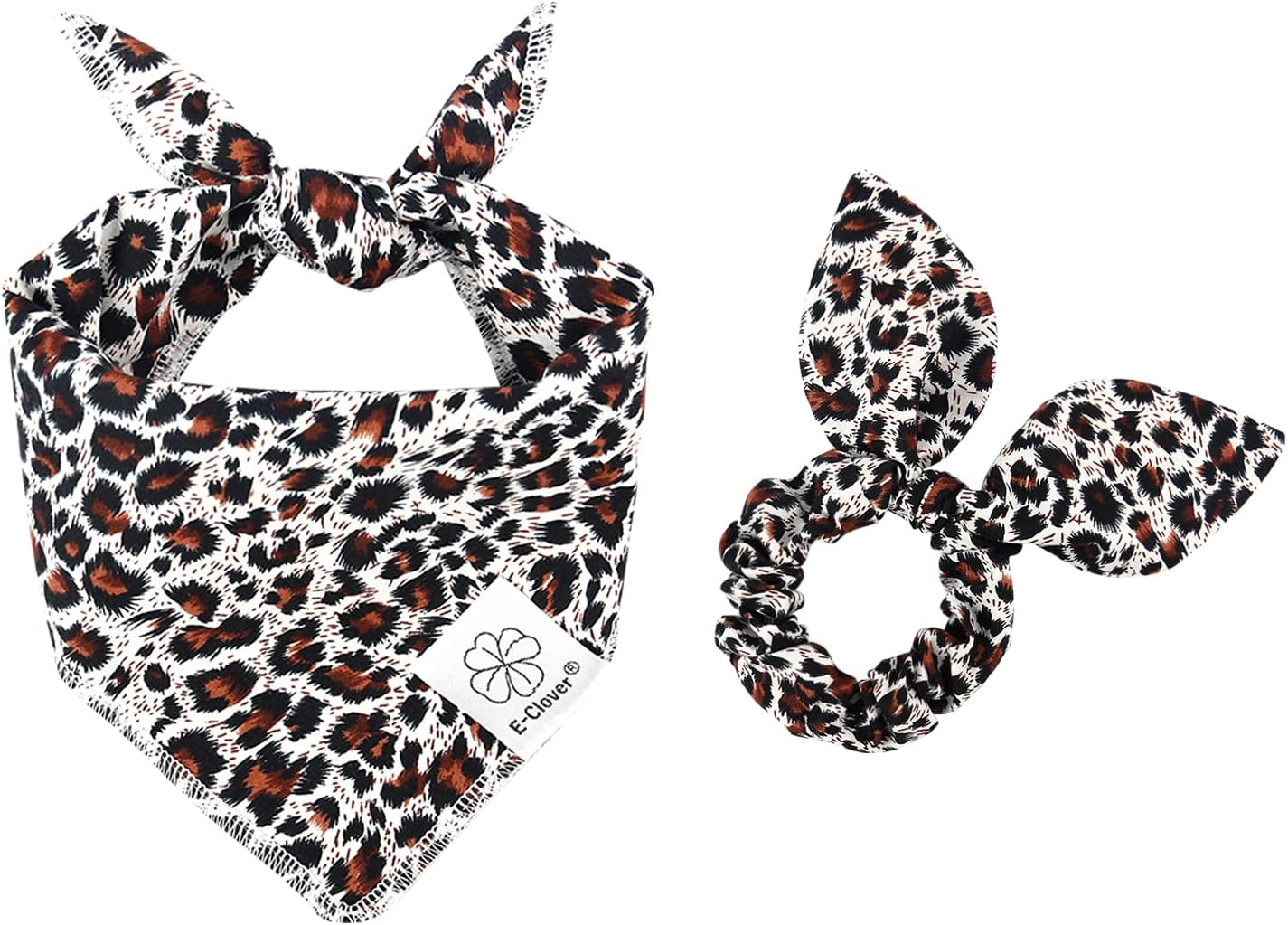 E-Clover Dog Bandanas & Matching Scrunchie Set Leopard Dog Bandana Bibs Washable Kerchief Scarf for Puppy Small Dogs & Owner