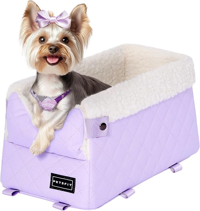 PETSFIT Cat Car Seat with Safe Protection Hooks, Center Console Dog Car Seat with Upgraded Safety Tethers, Washable Cushion, Dog Car Seats for Small Dogs Up to 8 Lbs (Purple)