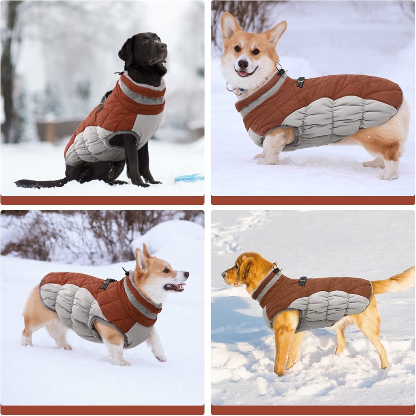 FUAMEY Dog Coat for Large Dogs,Waterproof Dog Winter Jacket with Harness Built in Puppy Cold Weather Coats Reflective Pet Vest with Zipper Warm Fleece Dogs Snowsuit Windproof Brown L