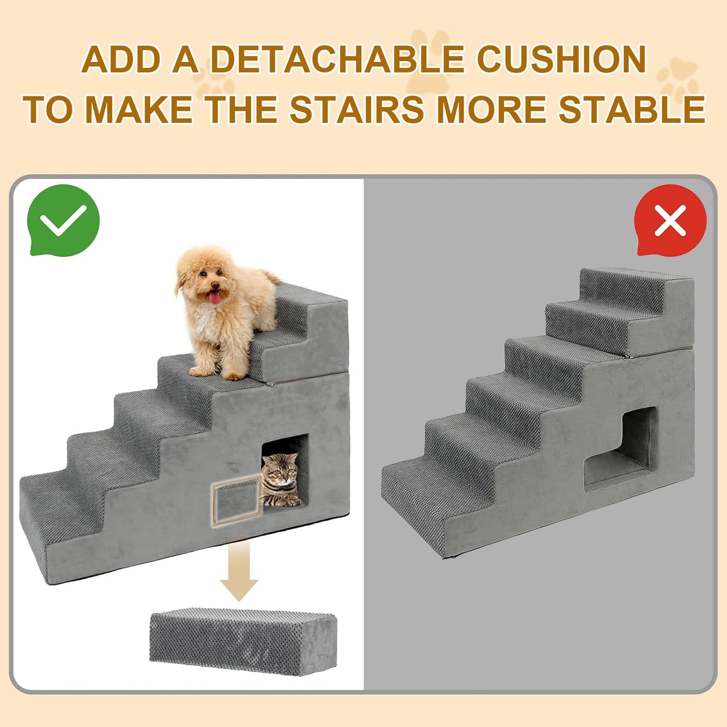 Dog Stairs for Small Dogs 27”H, 6-Step Dog Steps for High Bed, High-Density Foam Pet Stairs with Non-Slip Removable Washable Cover to Get on Bed