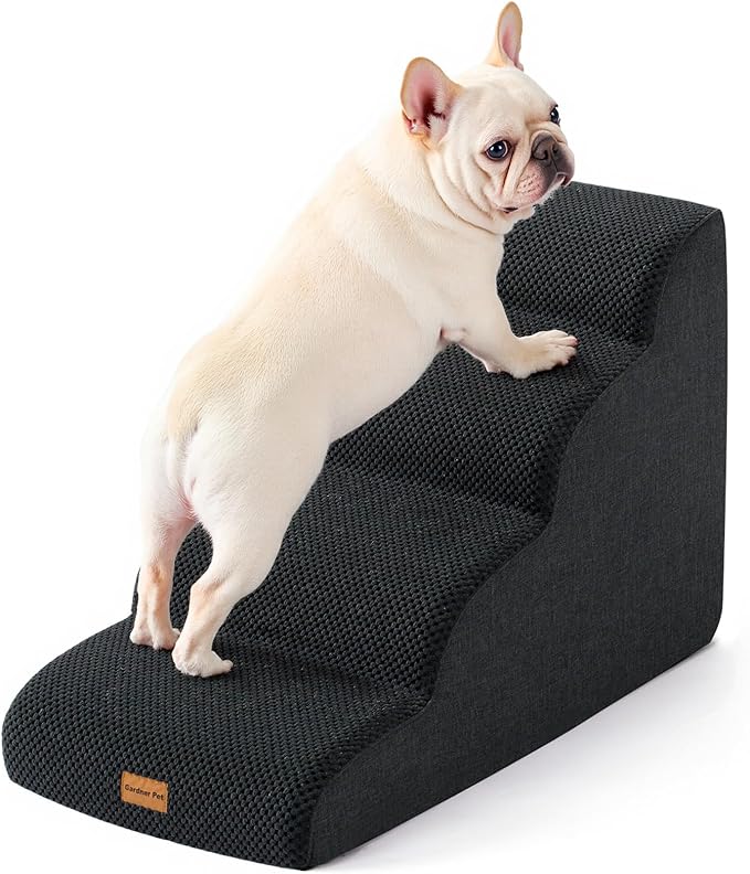 Gardner Pet Dog Stairs for Small Dogs 19.7" H, 4-Step Black Curved Pet Stairs, Dog Steps for High Bed (18-24 in), Couch with Durable Non-Slip Waterproof Fabric Cover and CertiPUR-US Certified Foam