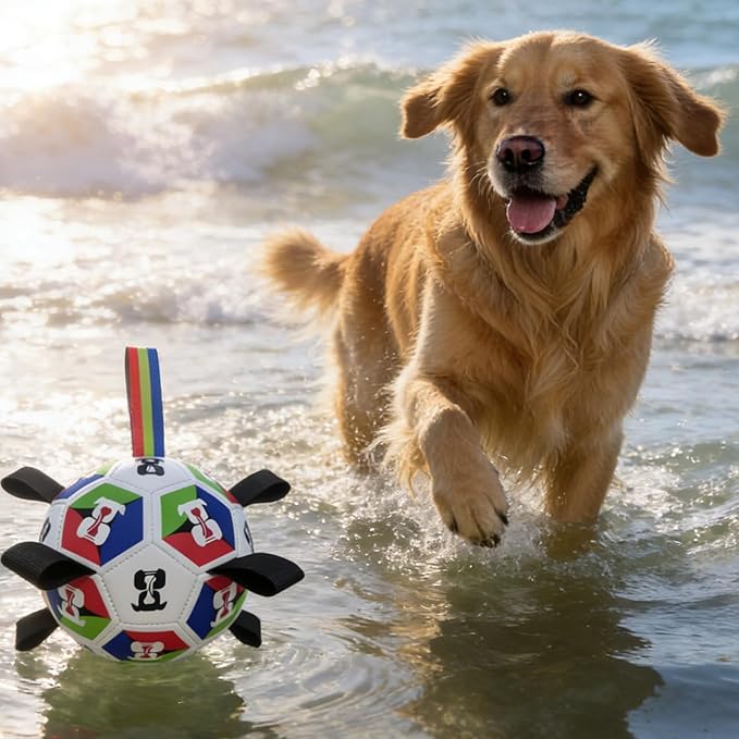 Dog Toys, Word-Cup Style Soccer Ball with Straps, Interactive Lightweight Dog Toys for Outdoor Play, Tug of War, Puppy Birthday Gifts, Water Toy - Ideal Pet Gift for Large Dogs (8 Inch)