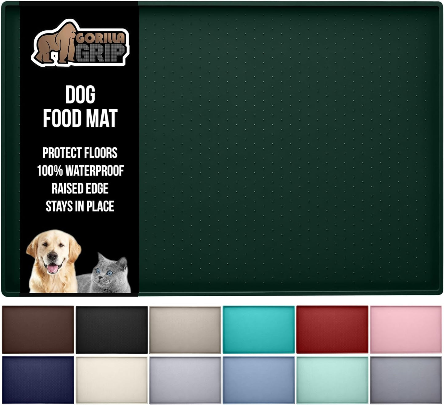 GORILLA GRIP 100% Waterproof Raised Edge BPA Free Silicone Pet Feeding Mat, Dog Cat Food Mats Contain Spills Protects Floors, Placemats for Cats and Dogs Water Bowl, Pets Accessories 16x10, Green