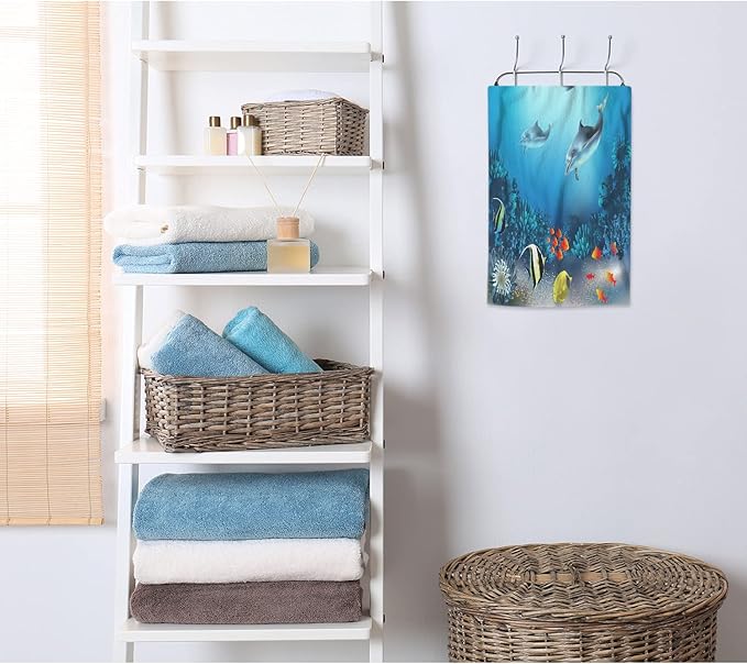 AOYEGO Underwater World Hand Towel Ocean Sea Dolphin Fish Seaweed Coral Mountain Tree Towels Cotton Face Towel Bath Kitchen Decor Set for Women Men Girls Boys 15x30 Inch