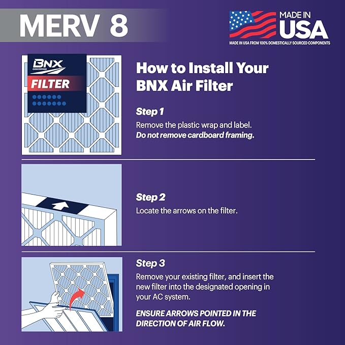 BNX TruFilter 20x20x1 Air Filter MERV 8 (4 Pack) - MADE IN USA – Dust & Pet Defense Electrostatic Pleated Air Conditioner HVAC AC Furnace Filters for Dust, Pet, Mold, Pollen MPR 600 – 700 & FPR 5