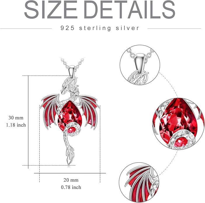 Dragon Necklace for Men Sterling Silver Birthstone Wyvern Necklace Embllished with Teardrop Shaped Crystal Jewelry for Women