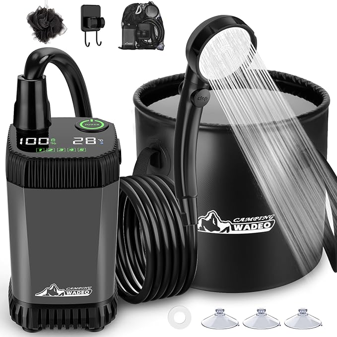 2026 Upgraded Portable Shower for Camping, Rechargeable Camping Shower with LED Display, 5 Gal Collapsible Bucket, 5 Adjustable Speeds, IPX8 Waterproof Portable Shower Kit for Hiking, Car, Pet, Travel