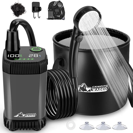 2026 Upgraded Portable Shower for Camping, Rechargeable Camping Shower with LED Display, 5 Gal Collapsible Bucket, 5 Adjustable Speeds, IPX8 Waterproof Portable Shower Kit for Hiking, Car, Pet, Travel