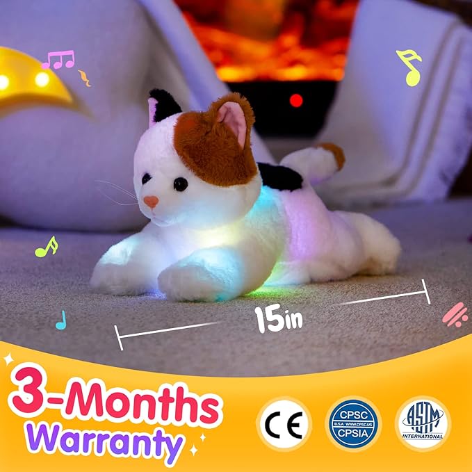 Glow Guards Light up Music Calico Cat Stuffed Animal LED Singing Kitty Soft Plush Toy Pillow with Night Lights Lullaby Birthday Children's Day Gifts for Toddler Kids, 15''