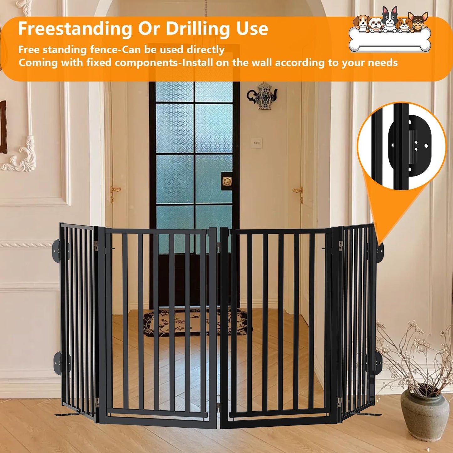 Free Standing Dog Gate with Door for Indoor Outdoor, Portable Dog Fence Foldable Design, Metal Black 32" Tall, Expandable 4 Panels Use for Front Door, Yard, Stairs